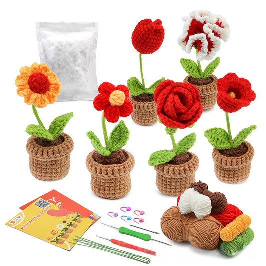 Crochet Handmade DIY Yarn Flower Potted Plant Ornament Material Kit(red)